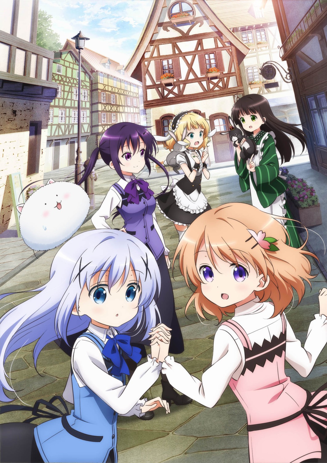 gochuumon_wa_usagi_desu_ka? hoto_cocoa jpeg_artifacts kafuu_chino kirima_sharo maid tedeza_rize thighhighs tippy_(gochiusa) ujimatsu_chiya wa_maid waitress