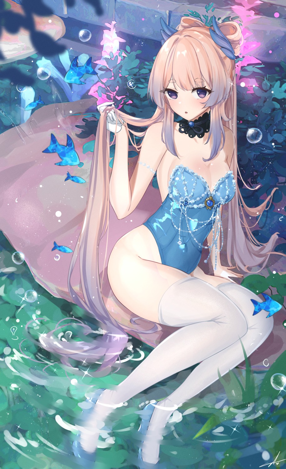 feint721 genshin_impact heels leotard sangonomiya_kokomi thighhighs wet