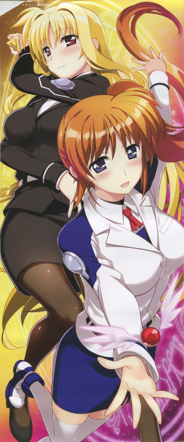 crease fate_testarossa fujima_takuya heels mahou_shoujo_lyrical_nanoha mahou_shoujo_lyrical_nanoha_vivid pantyhose scanning_resolution stick_poster takamachi_nanoha thighhighs uniform