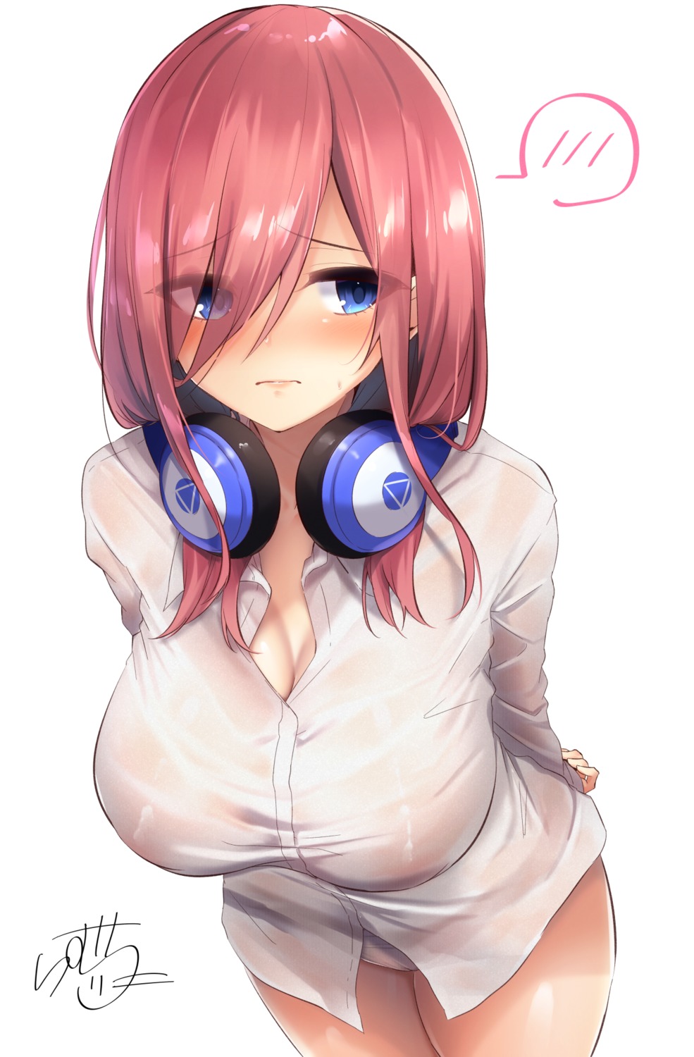 5-toubun_no_hanayome areola dress_shirt headphones nakano_miku no_bra pantsu ramchi see_through seifuku