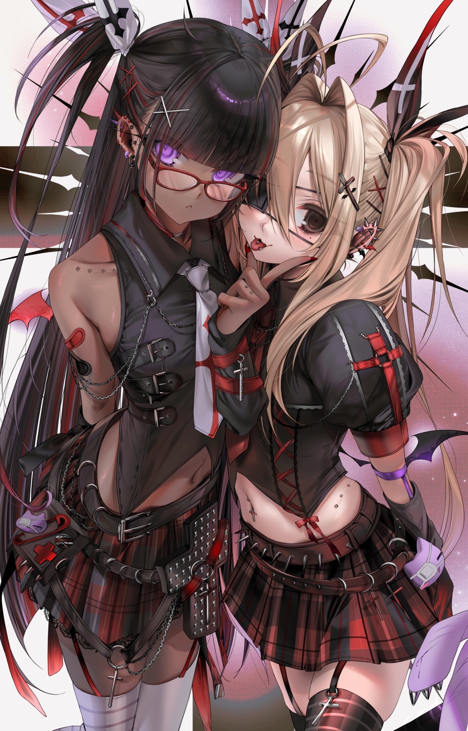 bandaid eyepatch lilith_(unxi) lolita_fashion megane miu_(unxi) pointy_ears stockings thighhighs unxi wings