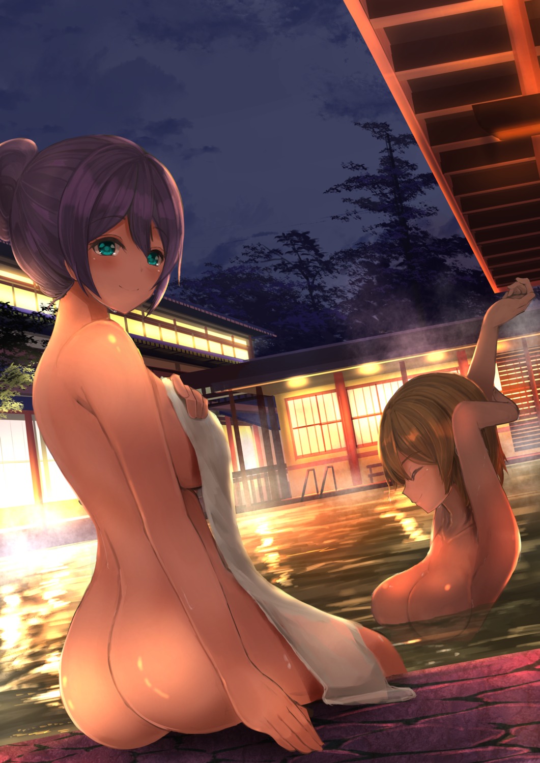 ass bathing breast_hold koizumi_hanayo love_live! naked onsen tagme toujou_nozomi towel wet
