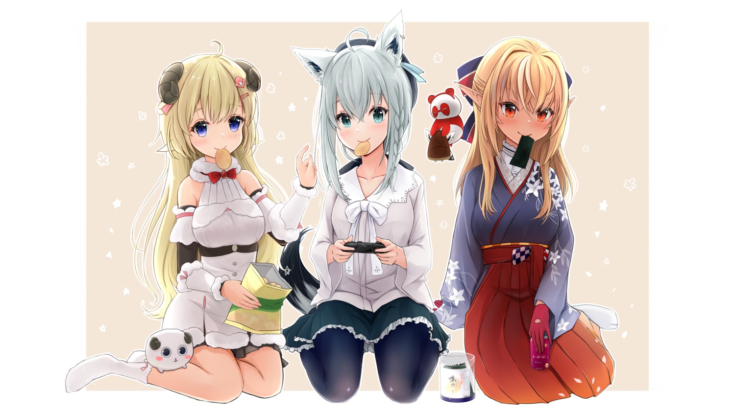 animal_ears dress elf hololive hololive_gamers horns japanese_clothes kitsune mitsukii pantyhose pointy_ears shirakami_fubuki shiranui_flare tail tsunomaki_watame