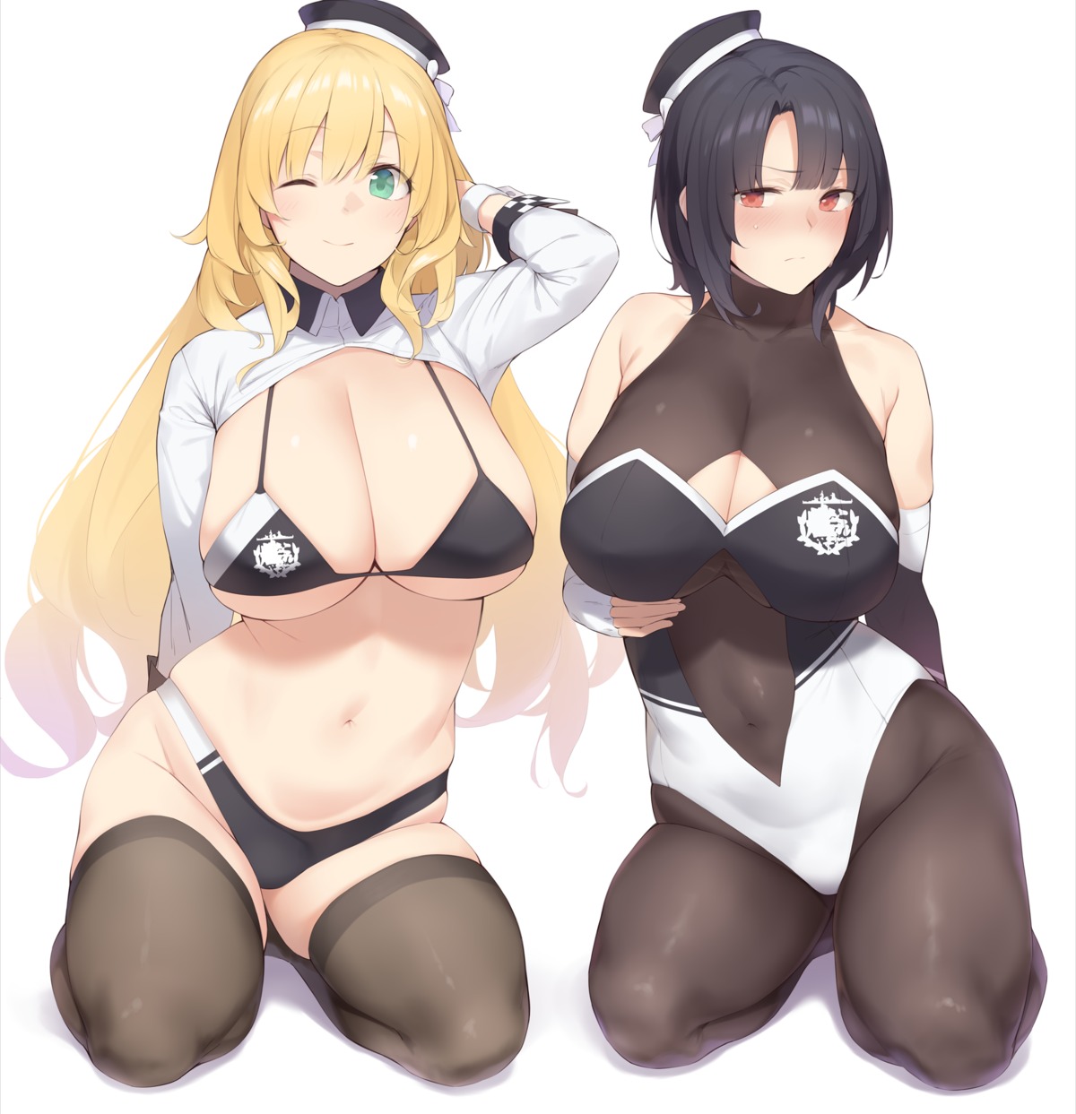 atago_(kancolle) bikini bodysuit breast_hold cleavage enosan kantai_collection swimsuits takao_(kancolle) thighhighs