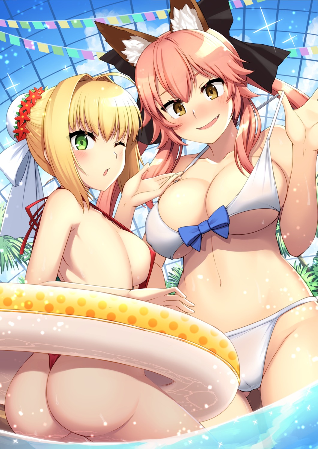 animal_ears ass bikini cameltoe fate/extra fate/stay_night oyaji_kusa saber_extra sling_bikini swimsuits tamamo_no_mae wet