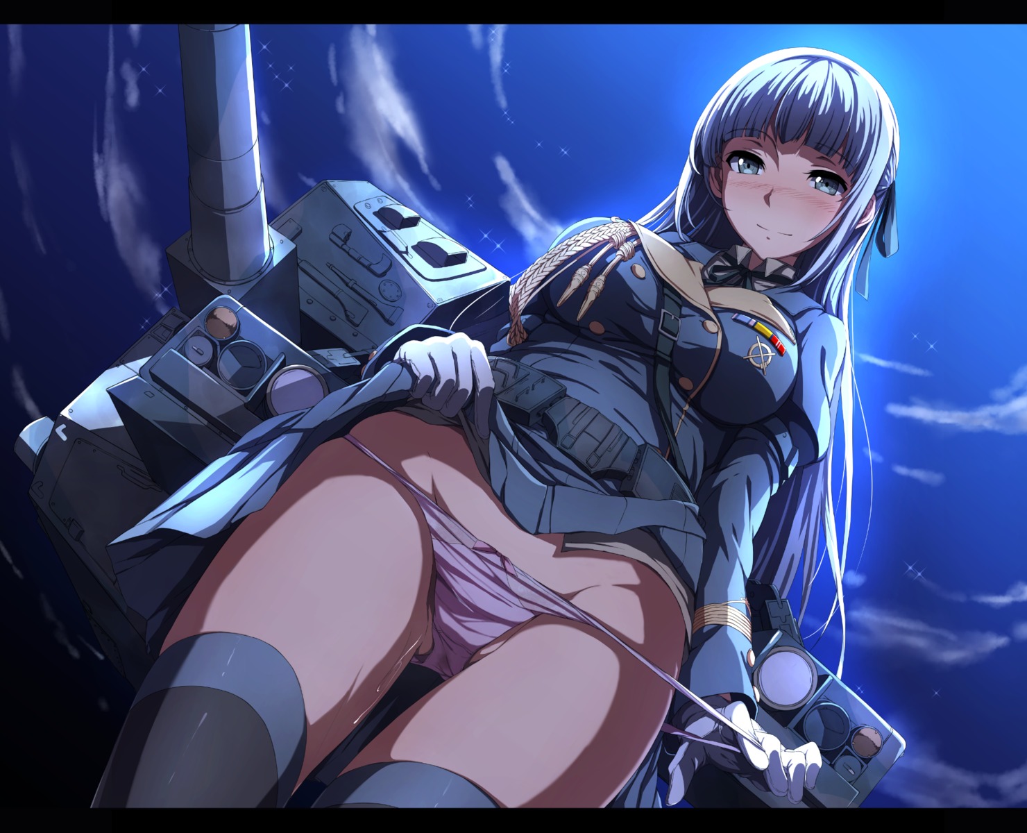 mecha nagioka pantsu panty_pull pussy_juice skirt_lift thighhighs uniform weapon