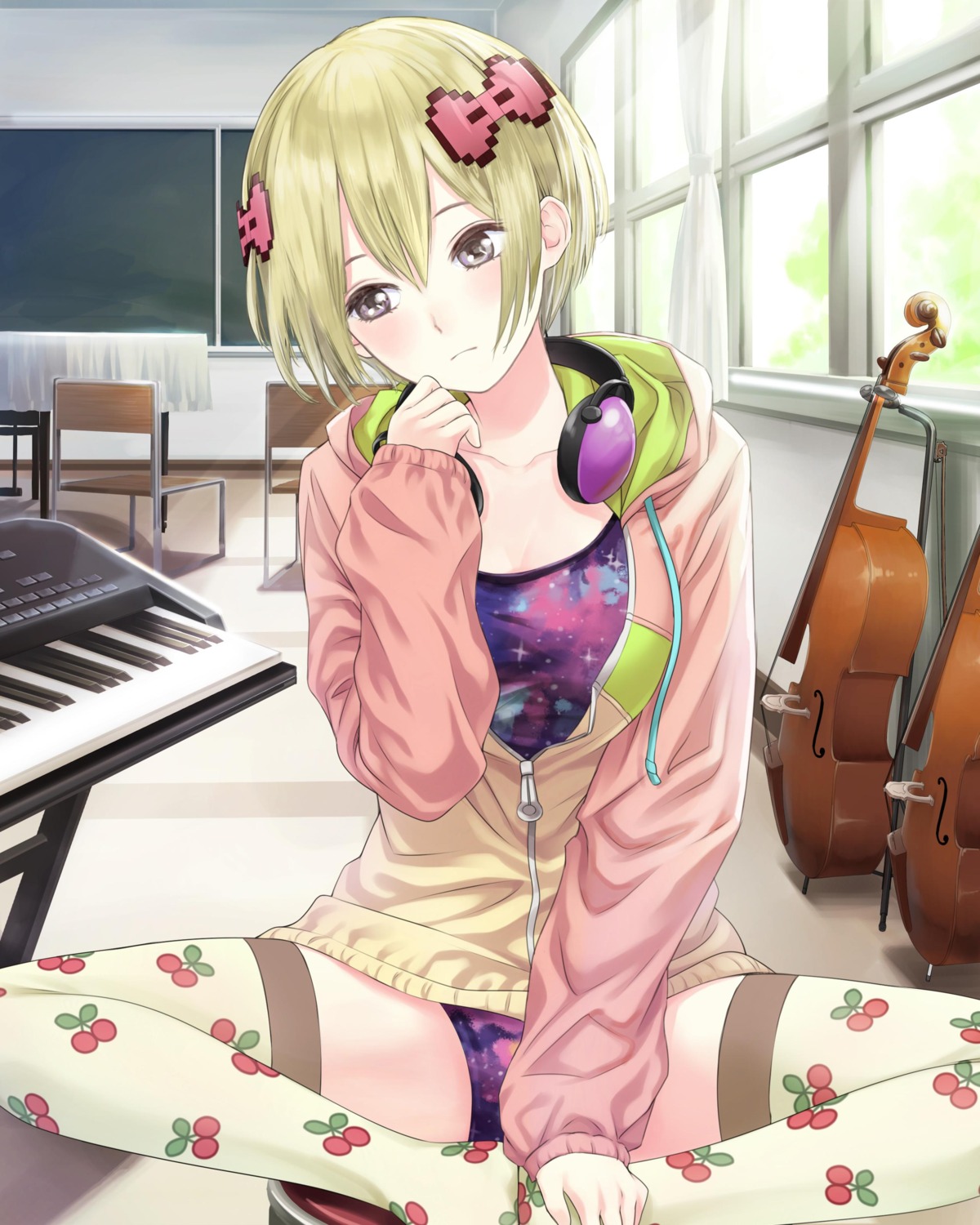 cleavage headphones leotard school_fanfare thighhighs