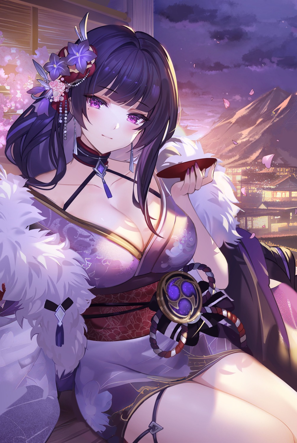 cleavage garter genshin_impact japanese_clothes no_bra noir_eku open_shirt raiden_shogun sake