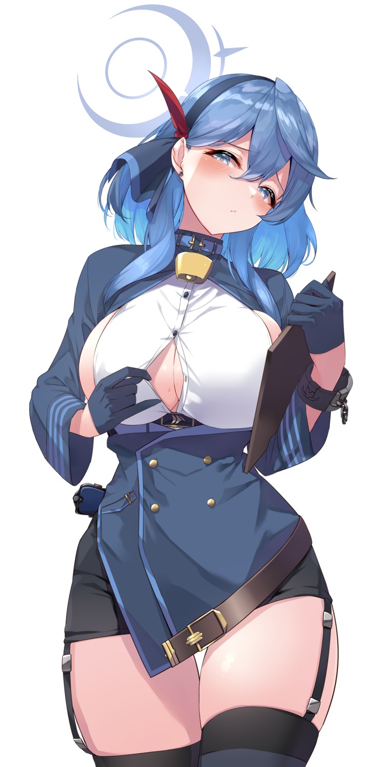 amau_ako blue_archive eel_mizue gun halo no_bra open_shirt stockings thighhighs undressing uniform