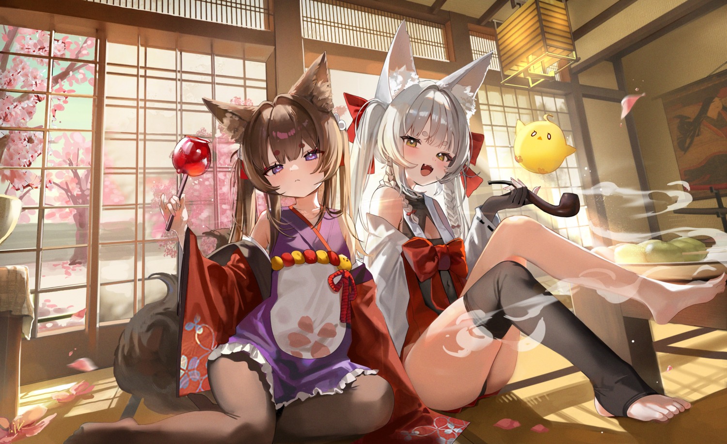 amagi-chan_(azur_lane) amagi_(azur_lane) animal_ears asanagi_(azur_lane) azur_lane feet japanese_clothes kitsune loli manjuu_(azur_lane) pantsu pantyhose smoking tail thighhighs thong whitebc