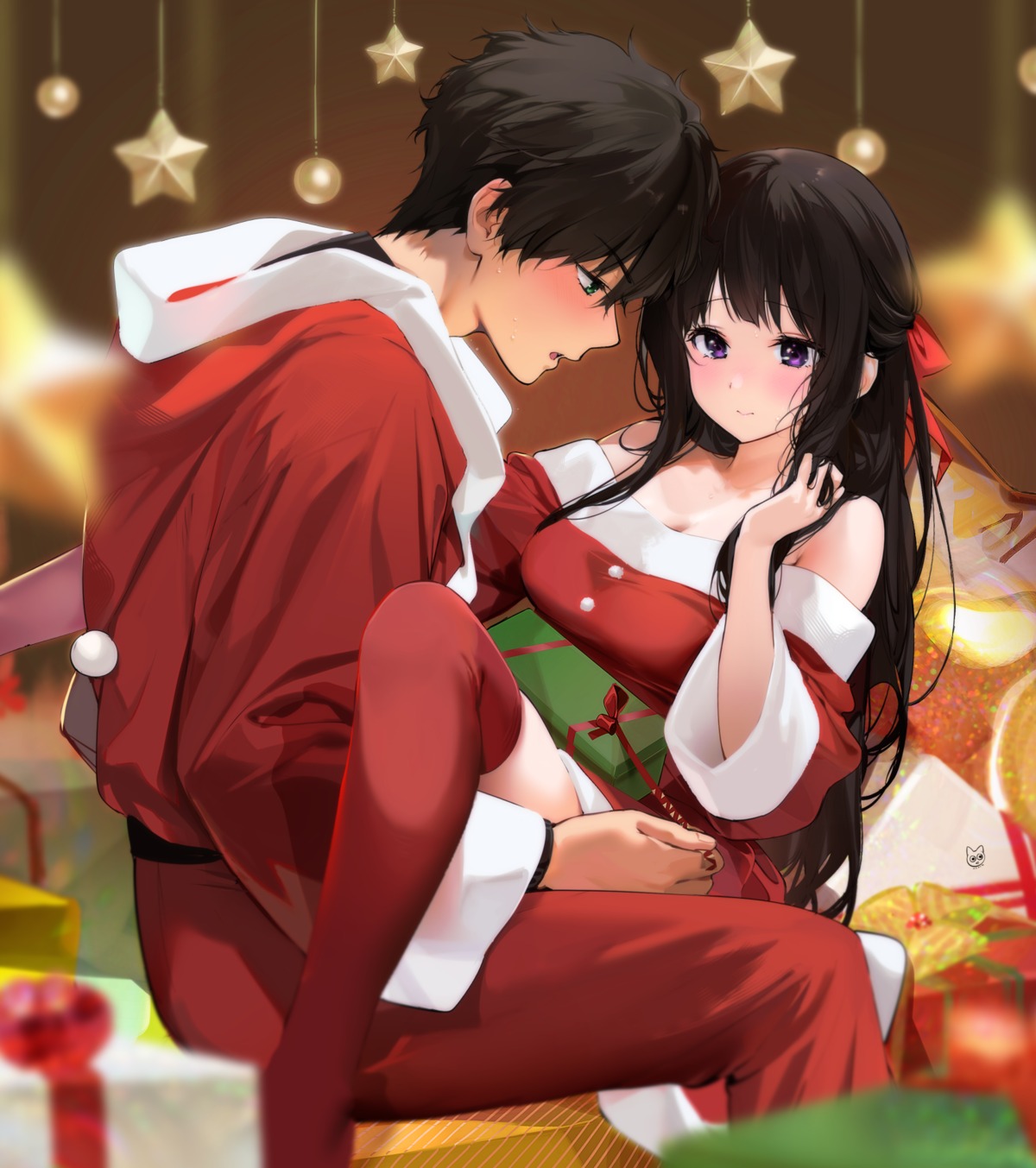 chitanda_eru christmas cleavage hyouka mery_(yangmalgage) oreki_houtarou thighhighs