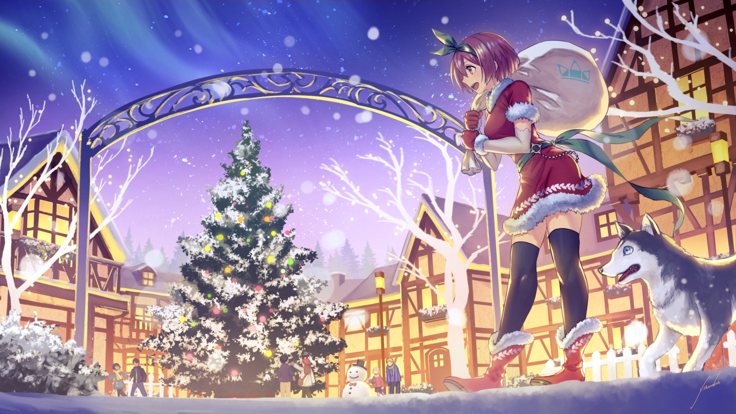 anbe_yoshirou christmas dress landscape thighhighs wallpaper