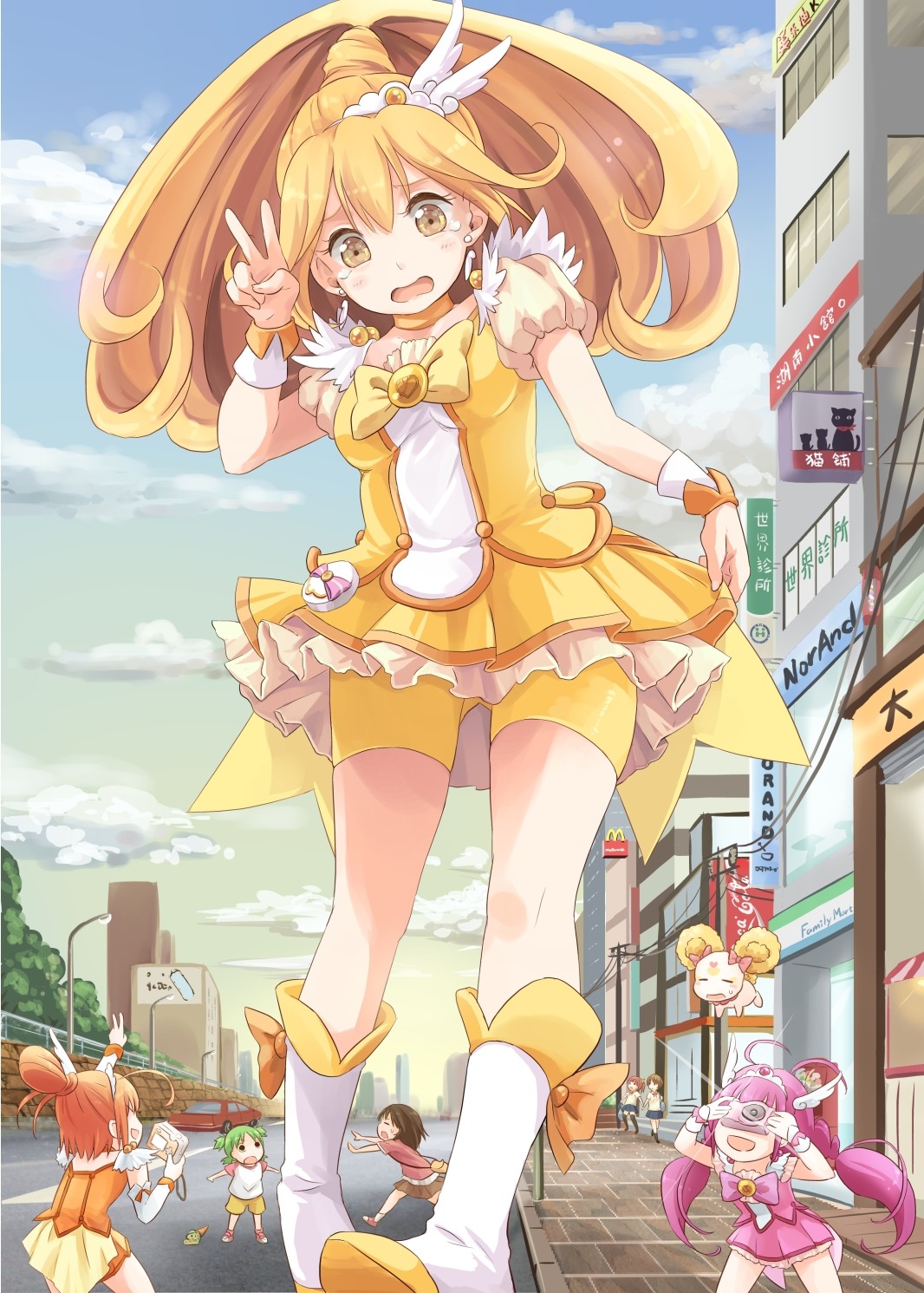 bike_shorts candy_(smile_precure) crossover hino_akane hoshizora_miyuki hpflower kise_yayoi koiwai_yotsuba pretty_cure smile_precure! yotsubato!