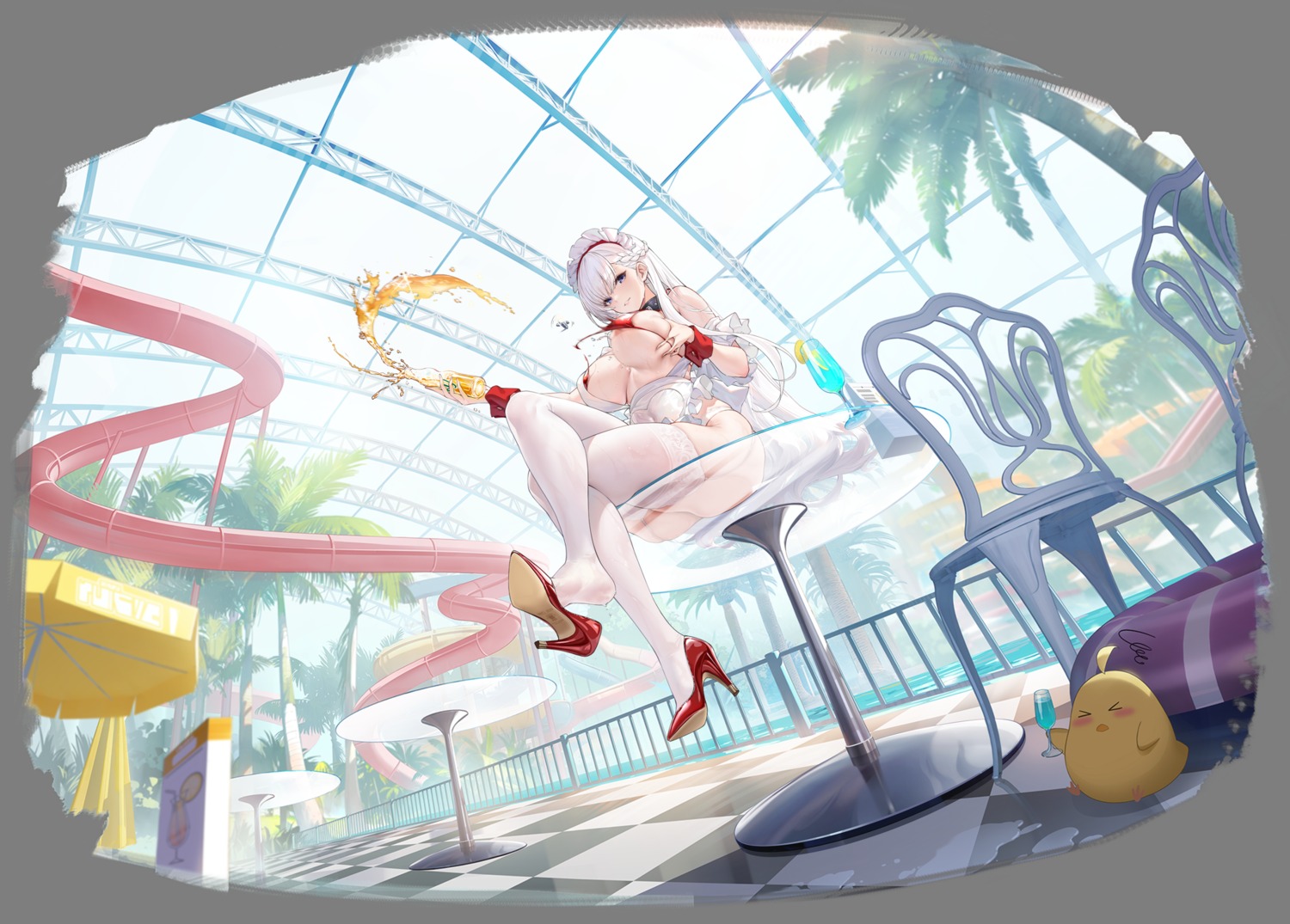 azur_lane belfast_(azur_lane) bikini_top breast_grab heels maid manjuu_(azur_lane) see_through stockings swimsuits tagme thighhighs torn_clothes transparent_png wardrobe_malfunction wet