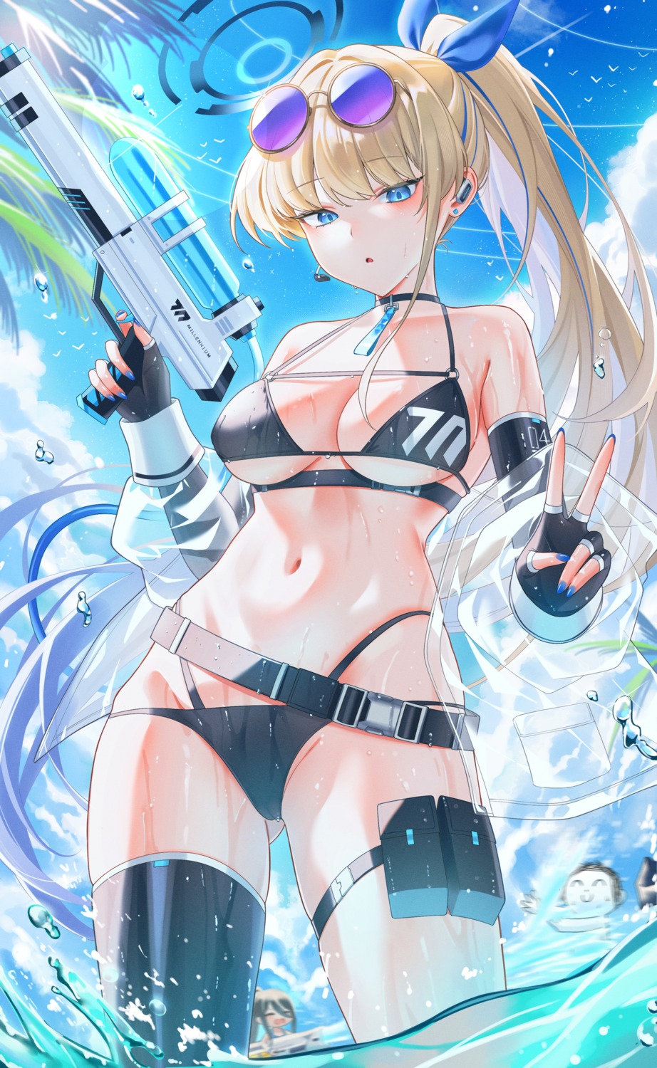 asuma_toki bikini blue_archive garter gfpebs gun halo megane open_shirt see_through swimsuits tendou_arisu thighhighs weapon wet