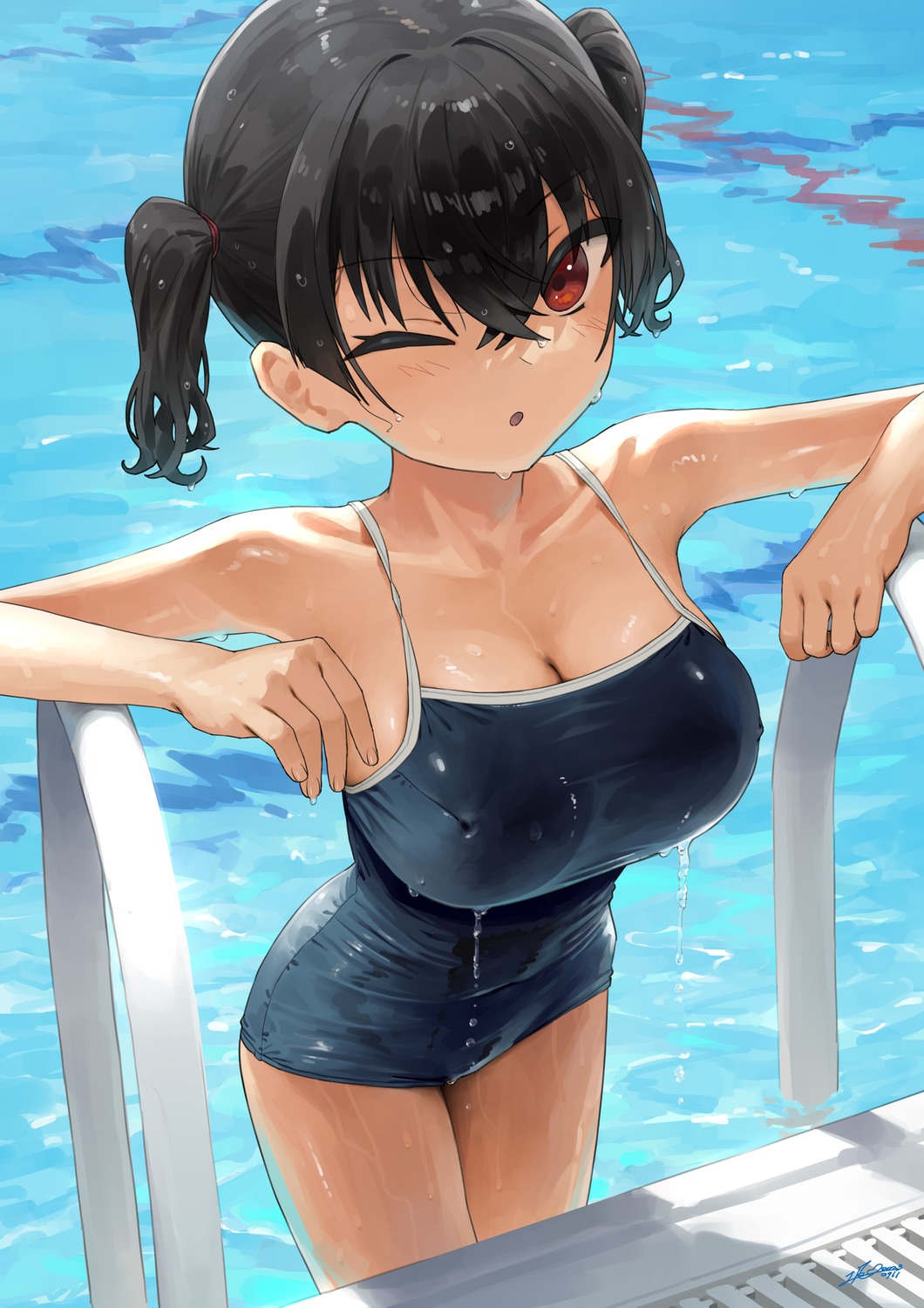 cleavage gaki_kyonyuu kaedeko_(kaedelic) sasaki_kanna school_swimsuit swimsuits wet