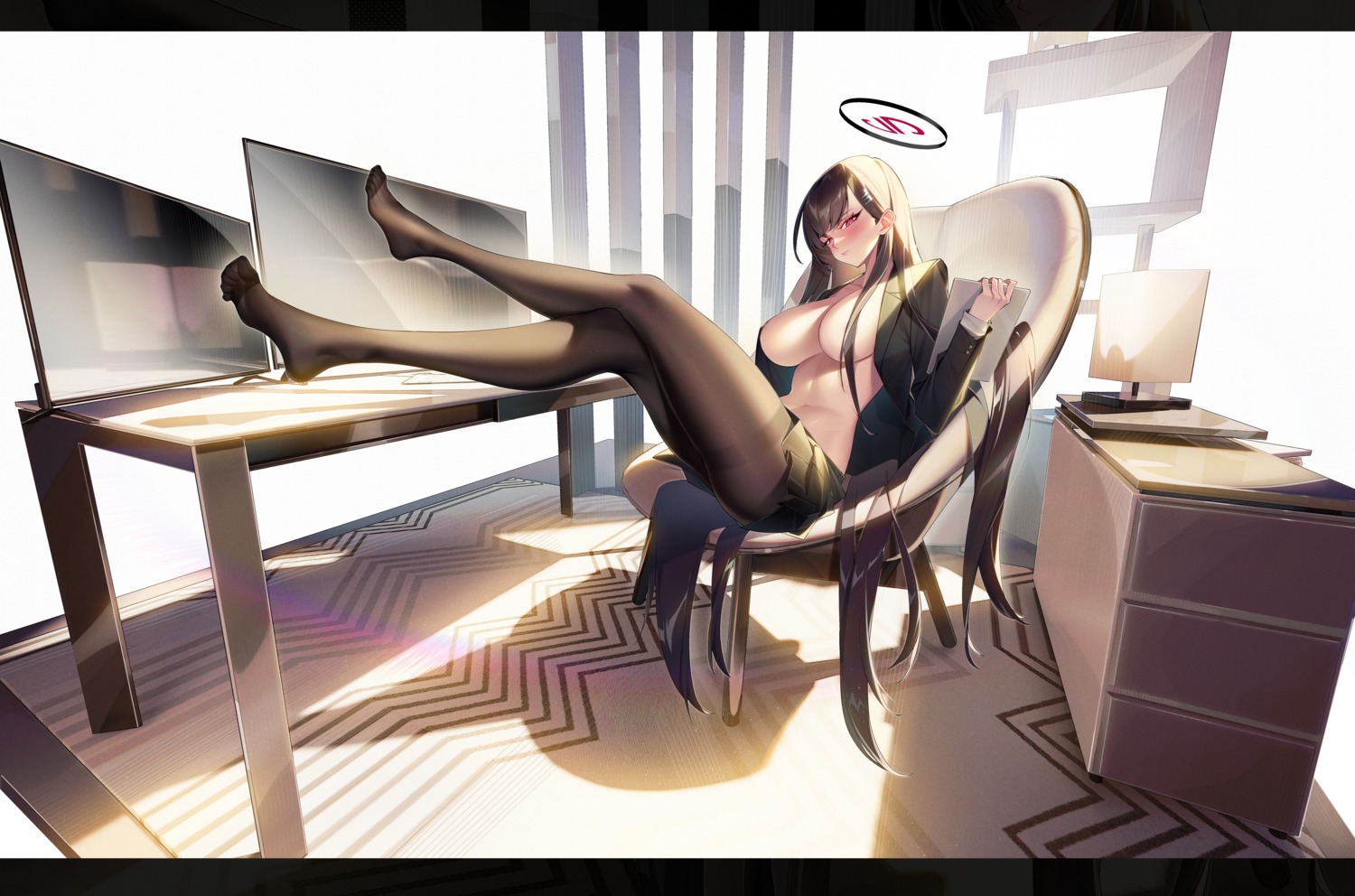 blue_archive breasts business_suit halo no_bra open_shirt pantyhose tsukatsuki_rio yeyoutiangong