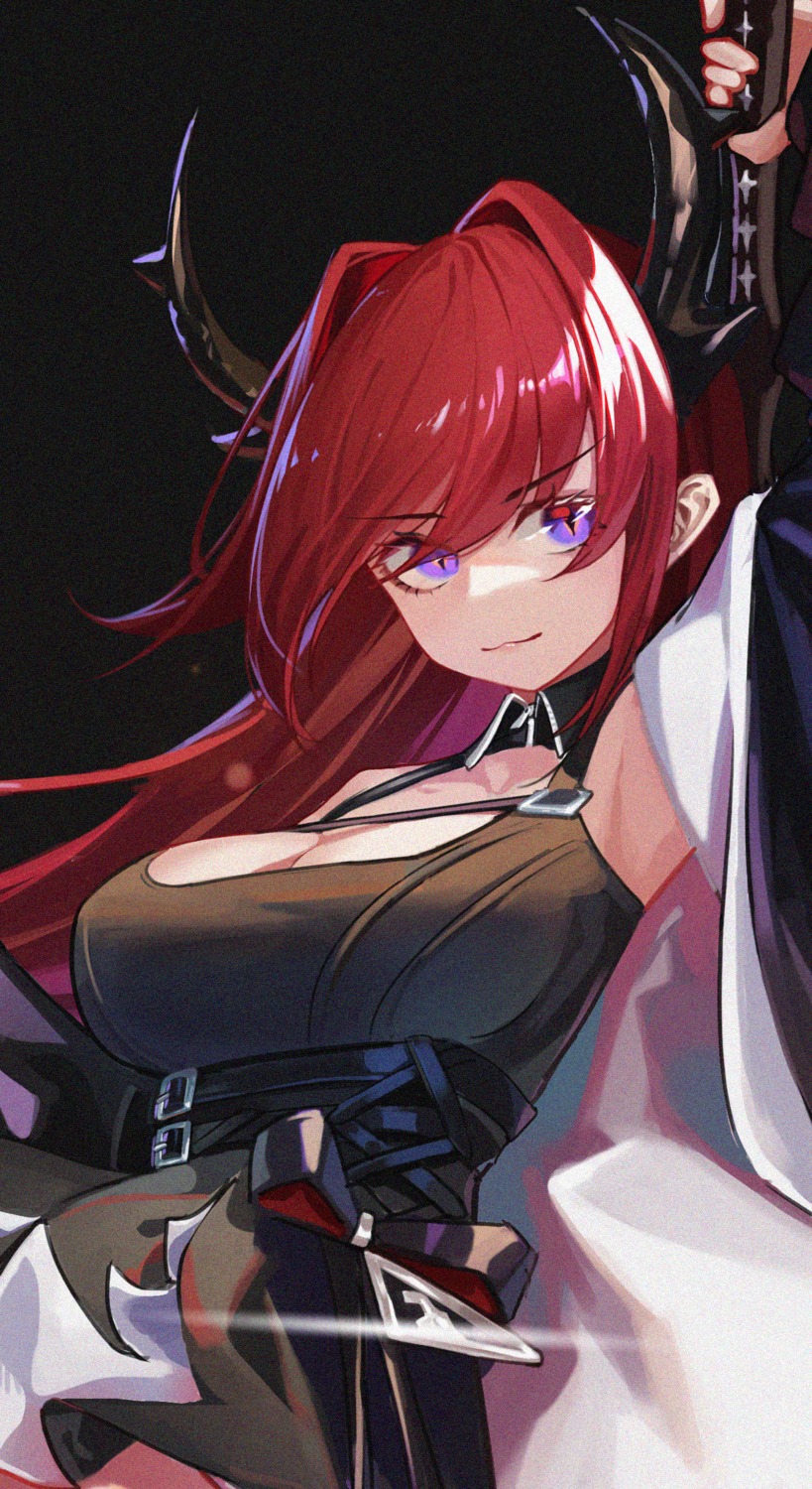 arknights cleavage horns komi_(komiking) skirt_lift surtr_(arknights) weapon