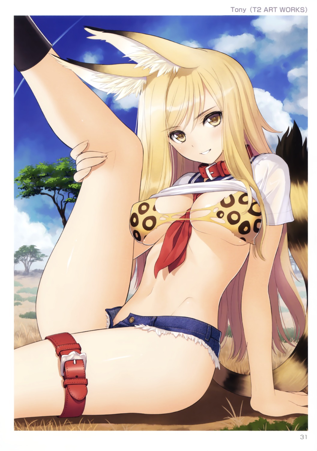 animal_ears bikini_top bra cleavage garter kemono_friends serval swimsuits tony_taka toranoana torn_clothes underboob