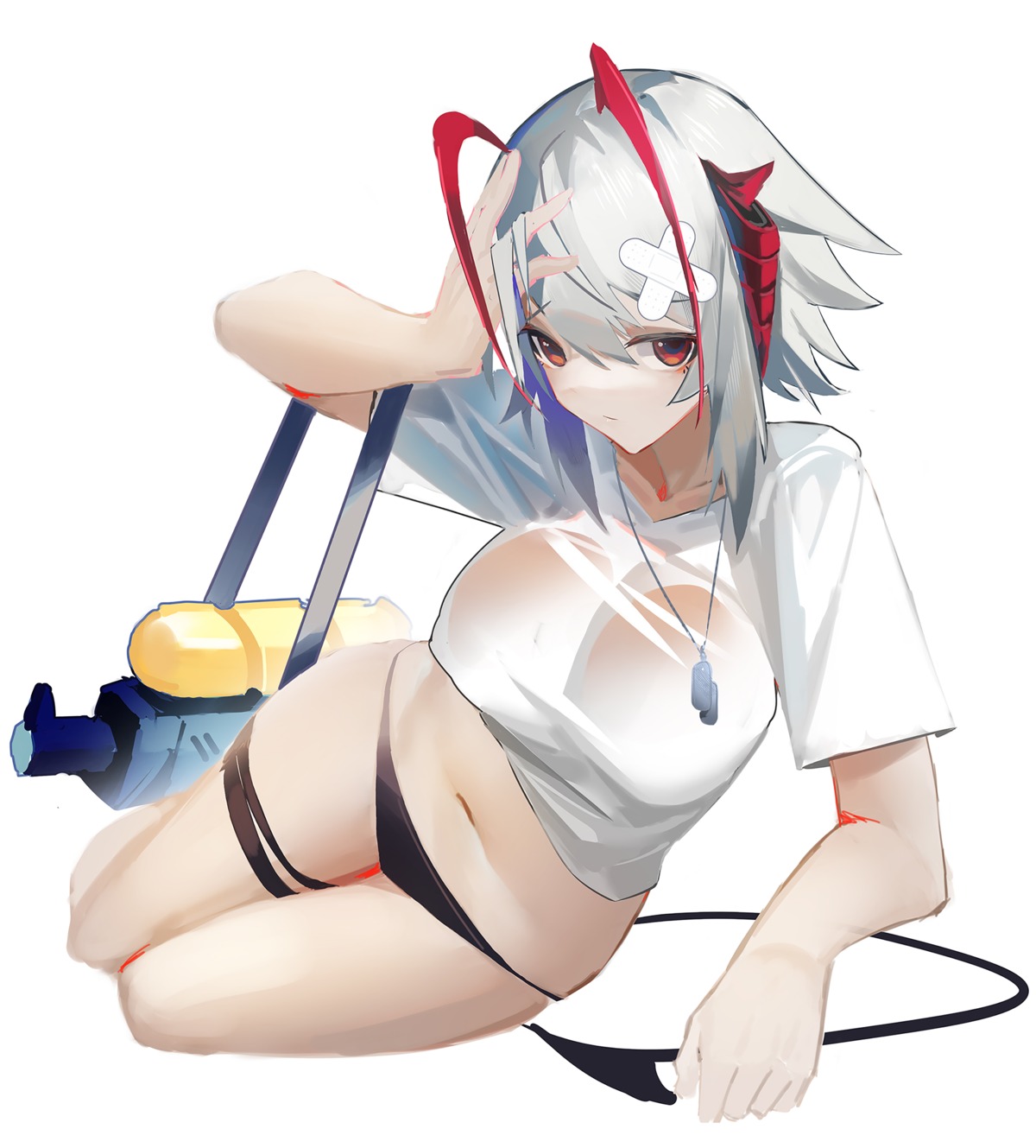 arknights bandaid bikini garter gun horns no_bra qtian see_through swimsuits tail w_(arknights)