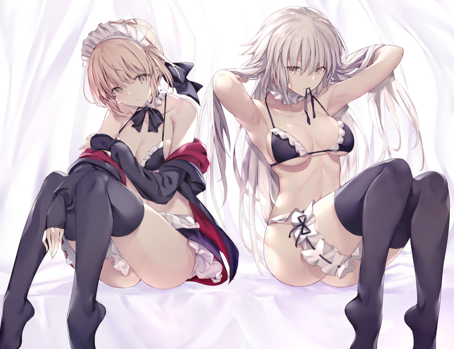 bikini_top breast_hold cleavage fate/grand_order garter haishiki jeanne_d'arc jeanne_d'arc_(alter)_(fate) maid open_shirt saber saber_alter swimsuits thighhighs
