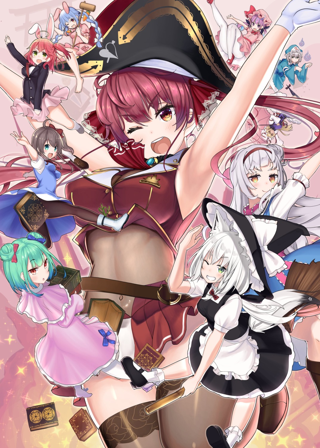 animal_ears bunny_ears cosplay dress elf hololive hololive_gamers houshou_marine itou_life kitsune minato_aqua murasaki_shion natsuiro_matsuri pantyhose pirate pointy_ears sakura_miko seifuku shirakami_fubuki shiranui_flare shirogane_noel skirt_lift thighhighs touhou uruha_rushia usada_pekora weapon witch