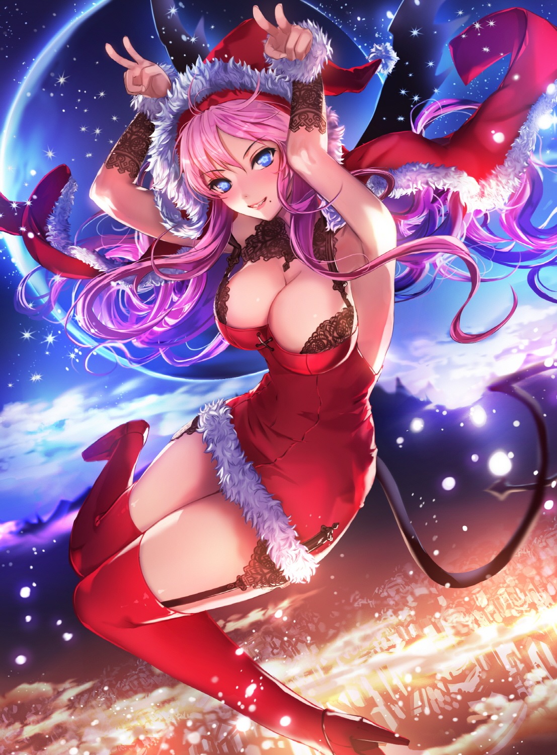 a-line bra christmas cleavage dress heels stockings tail thighhighs wings