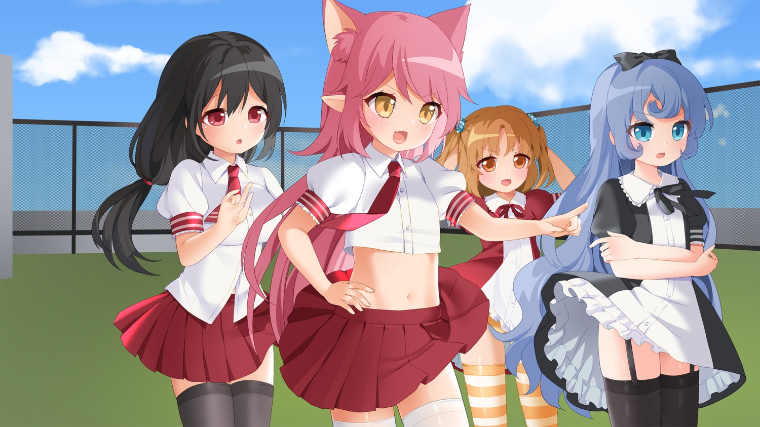 animal_ears m.vv pointy_ears seifuku skirt_lift stockings thighhighs