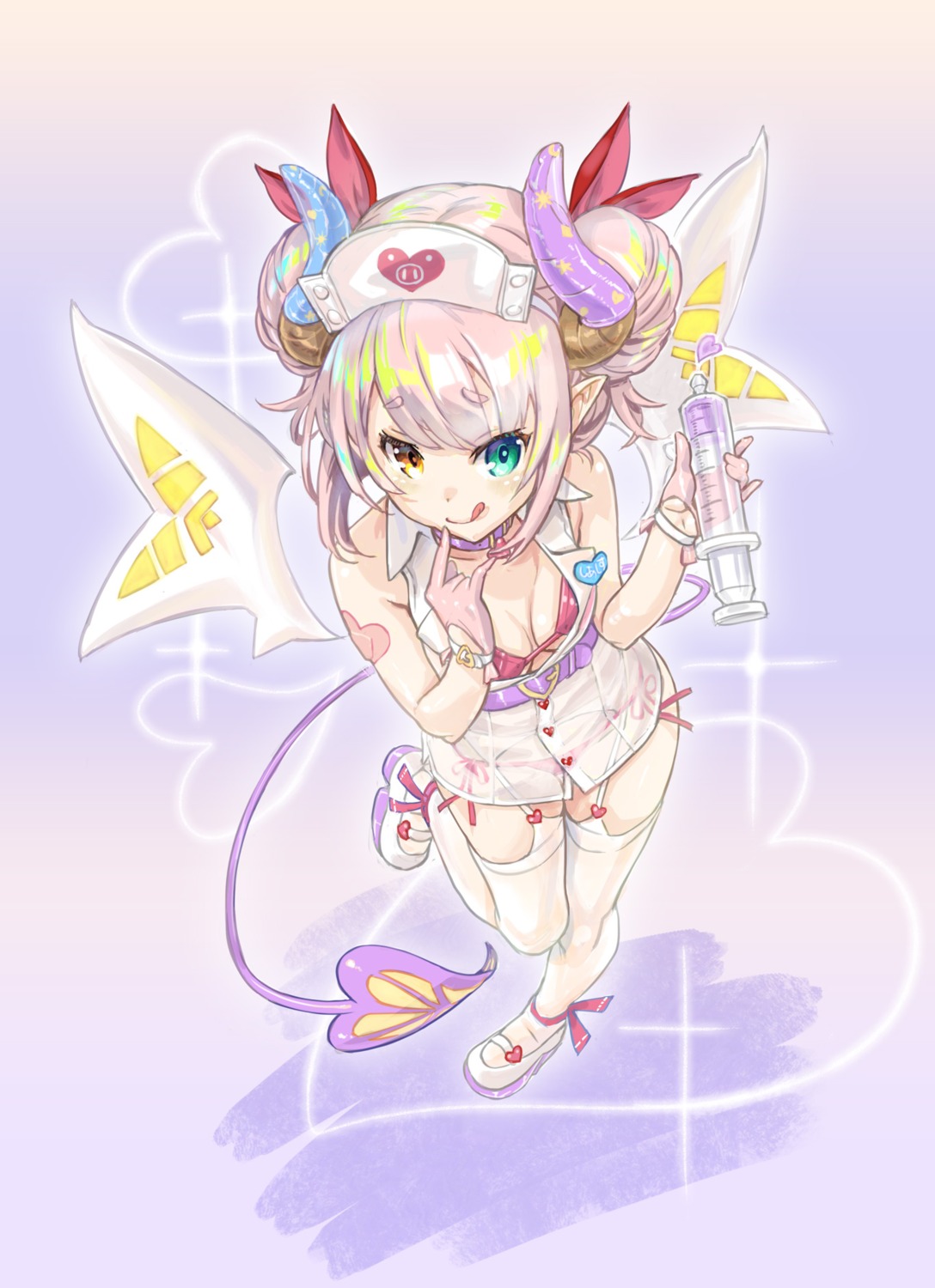 bra heterochromia horns nurse open_shirt ore_p_1gou pantsu pointy_ears see_through shia_sisters stockings string_panties tail thighhighs wings