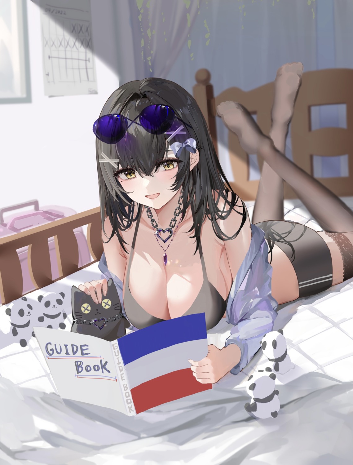 bra megane open_shirt raiya_atelier thighhighs