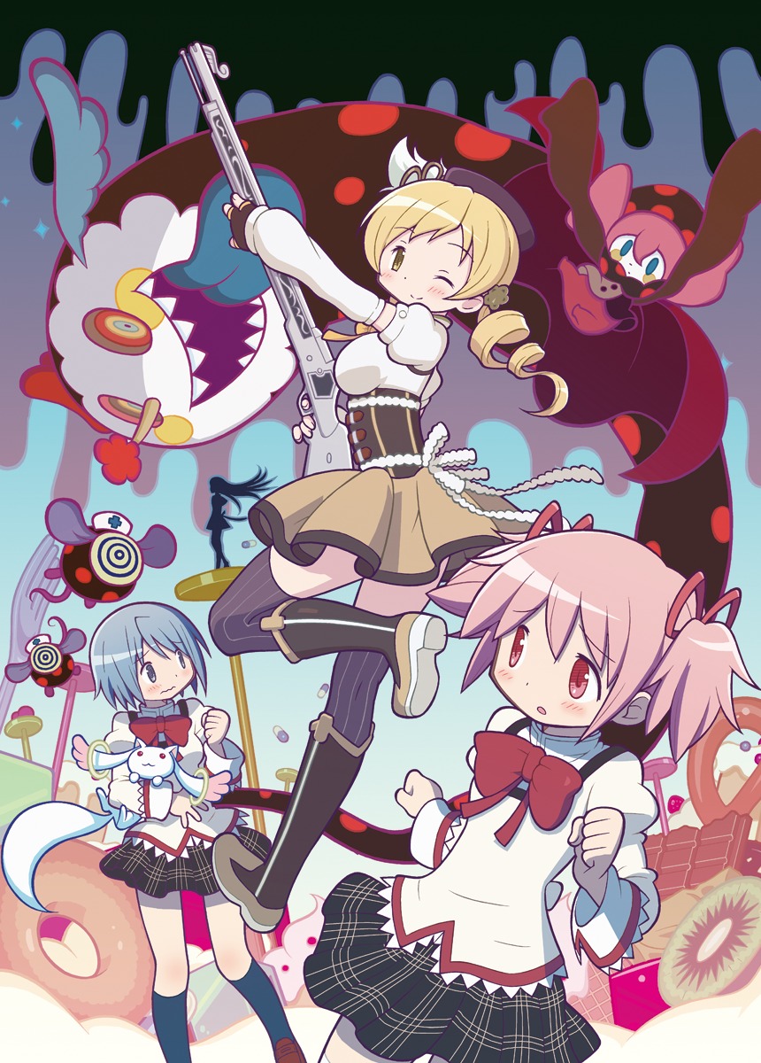 akemi_homura charlotte_(puella_magi_madoka_magica) gecchu gun kaname_madoka kyubey miki_sayaka puella_magi_madoka_magica seifuku thighhighs tomoe_mami