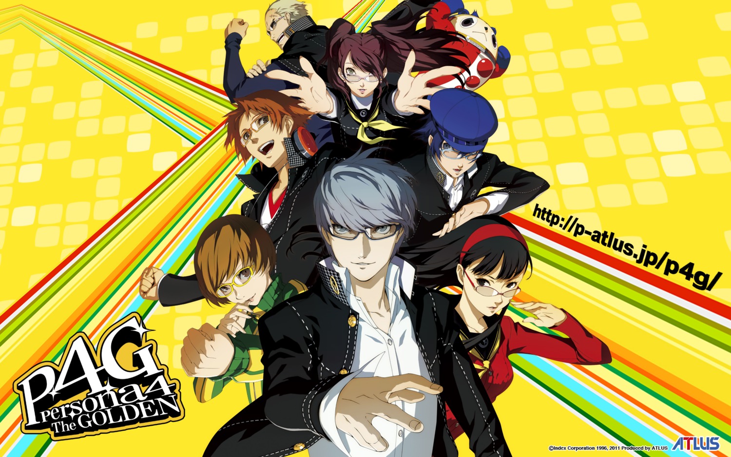 amagi_yukiko hanamura_yousuke kujikawa_rise kuma_(persona_4) megane megaten narukami_yuu persona persona_4 persona_4_golden satonaka_chie seifuku shirogane_naoto tatsumi_kanji wallpaper