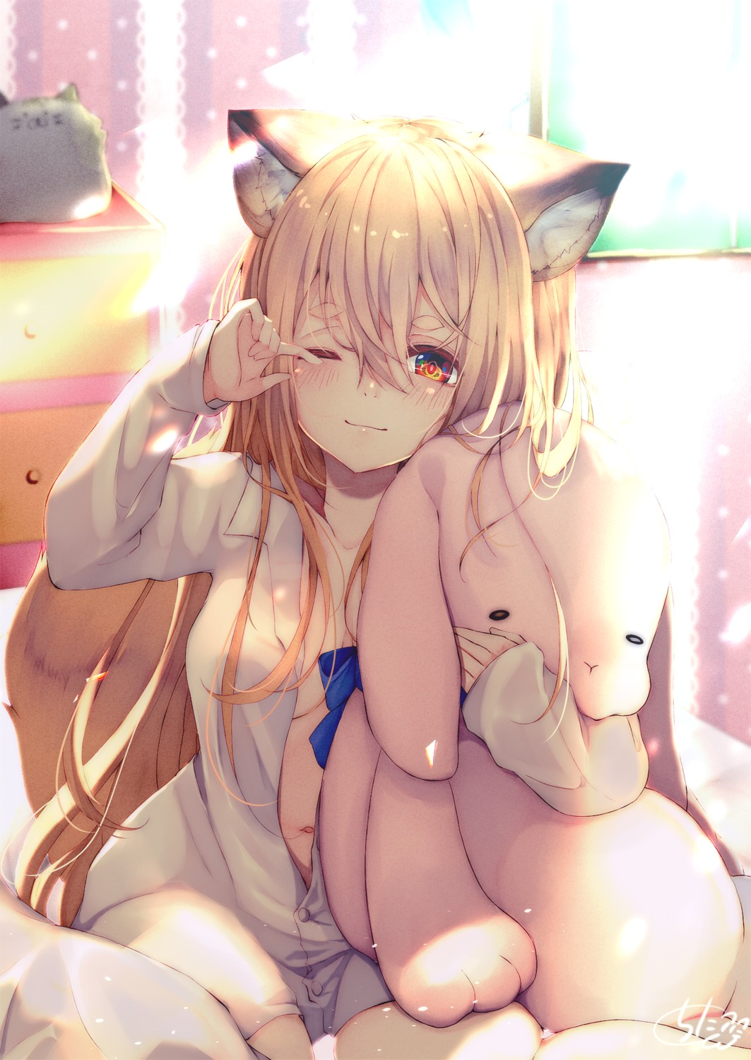 animal_ears chita_(ketchup) dress_shirt kitsune no_bra open_shirt tail