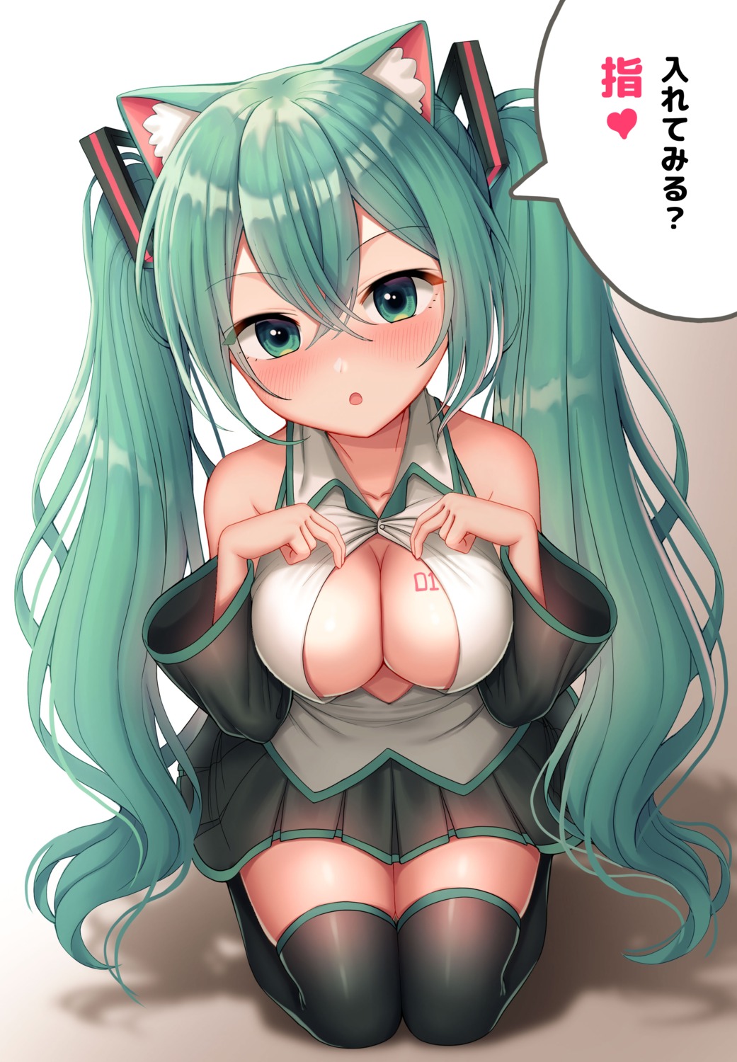 animal_ears bobong hatsune_miku nekomimi no_bra open_shirt tattoo thighhighs vocaloid