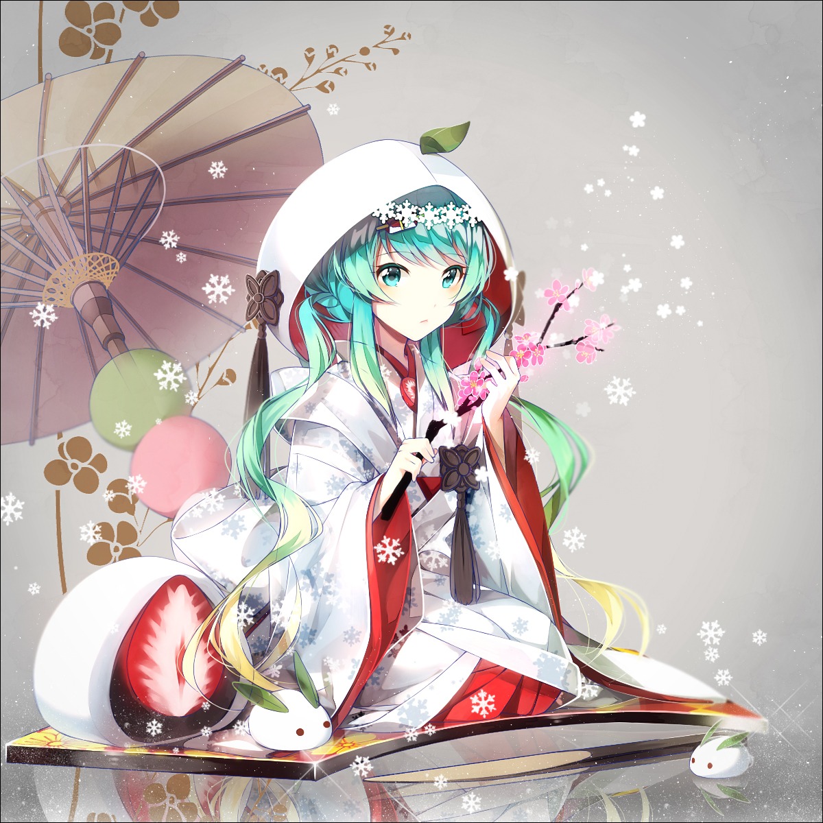 hakusai_(tiahszld) hatsune_miku kimono umbrella vocaloid yuki_miku