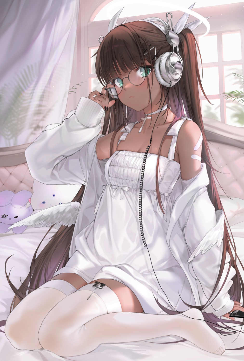 angel bandaid dress headphones megane miu_(unxi) sweater thighhighs unxi wings