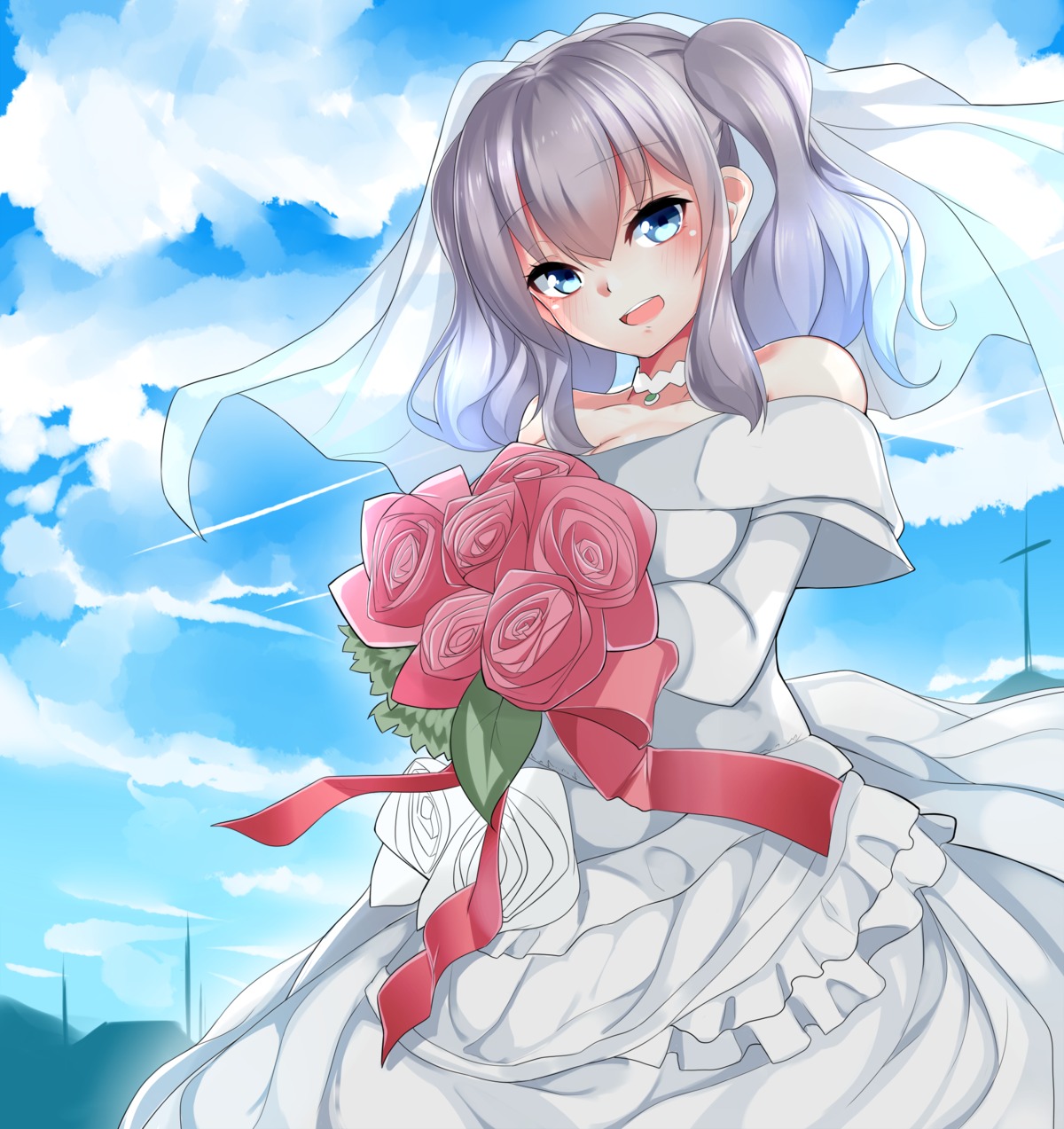 cleavage dress kantai_collection kashima_(kancolle) nebusoku wedding_dress