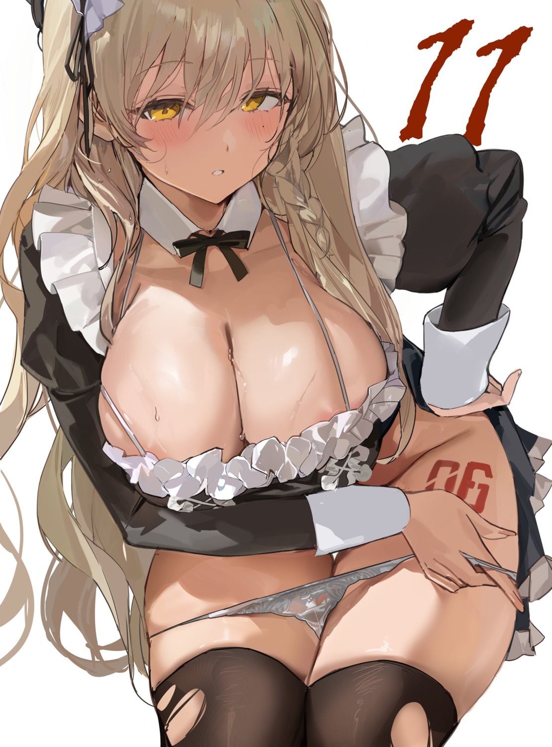 areola maid no_bra onew pantsu panty_pull skirt_lift tattoo thighhighs torn_clothes undressing wet