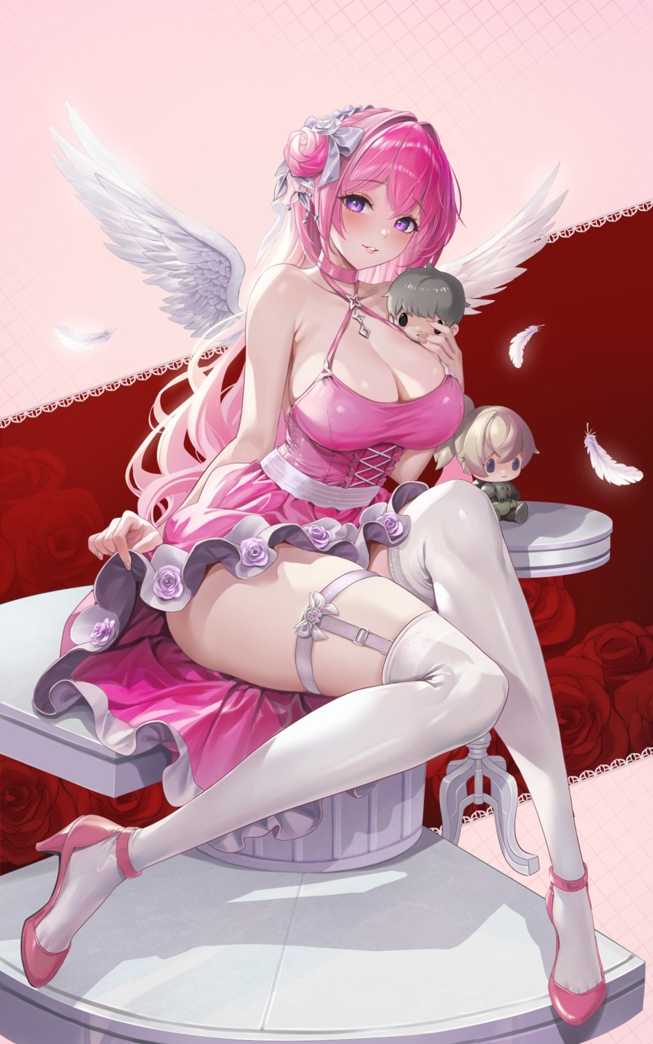 chibi dorothy_(nikke) garter goddess_of_victory:_nikke heels no_bra skirt_lift stockings thighhighs wings yuen