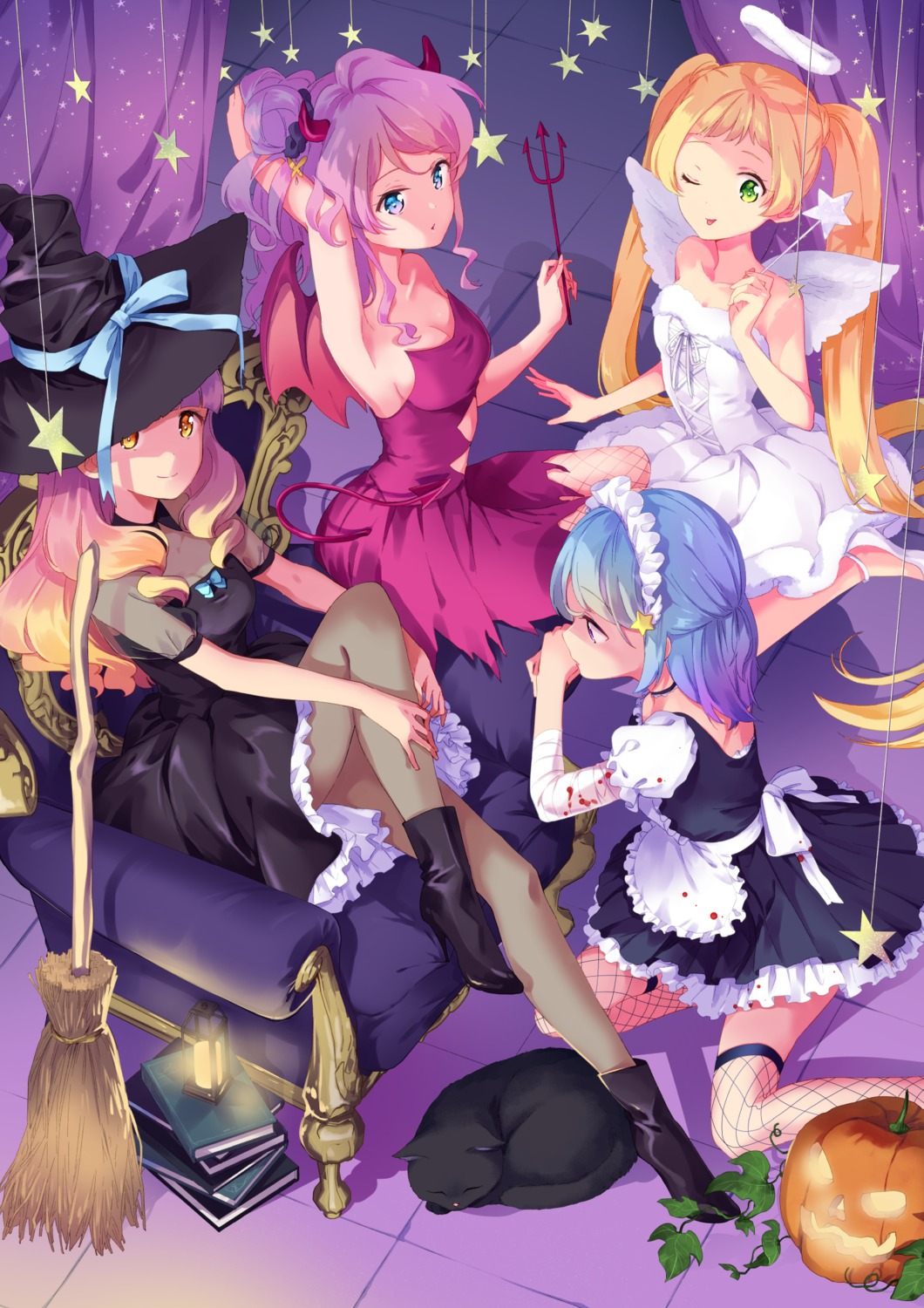 aikatsu_friends! angel bandages blood chouno_maika cleavage devil dress fishnets halloween heels hinata_ema horns maid minato_mio neko no_bra pantyhose see_through thighhighs todo-akira weapon wings witch yuuki_aine