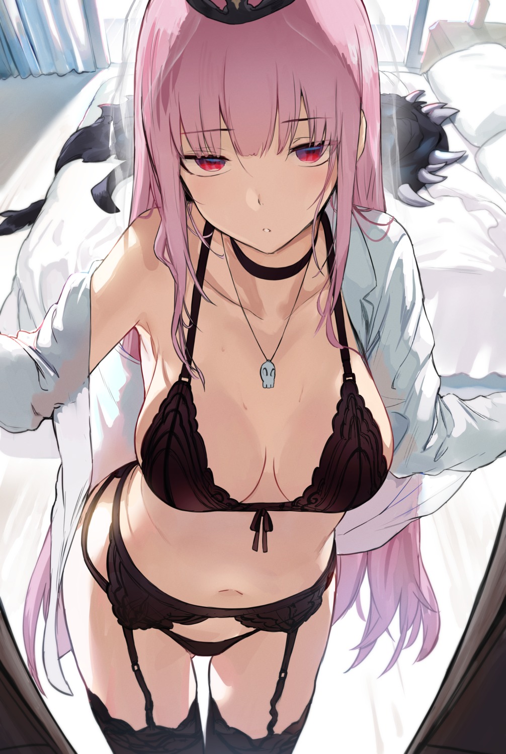 bra dress_shirt garter_belt hews hololive hololive_english lingerie mori_calliope open_shirt pantsu stockings thighhighs