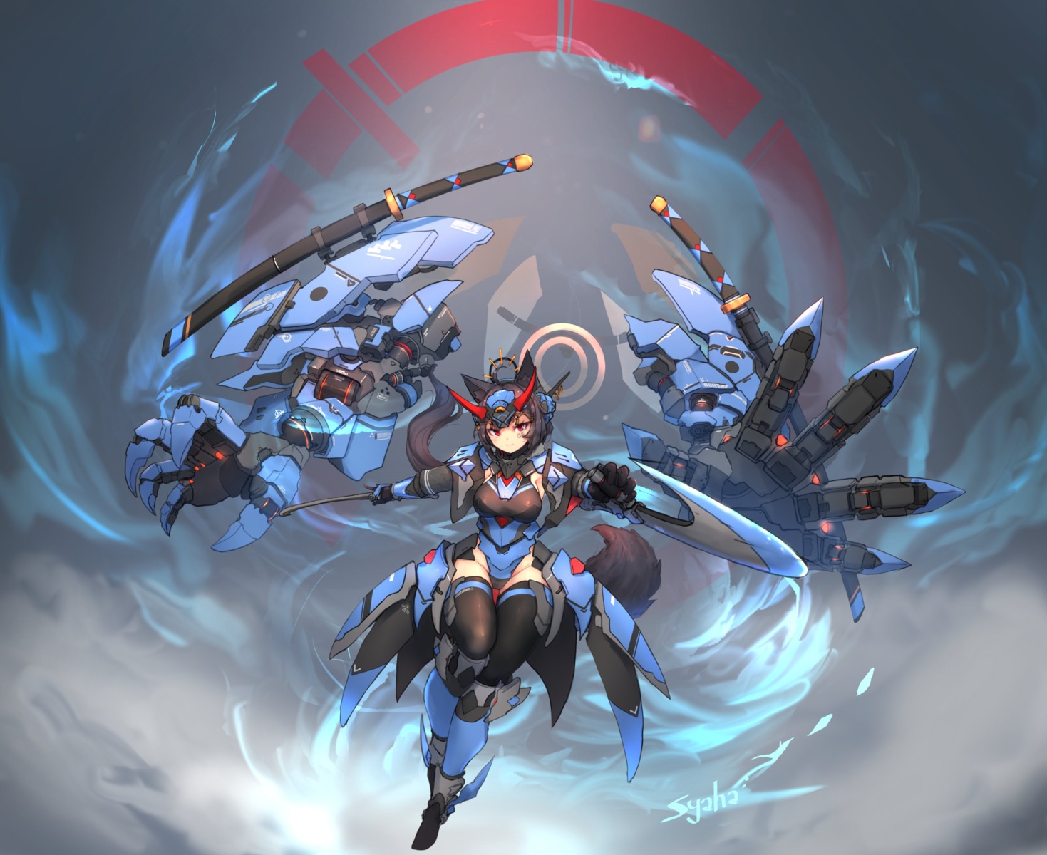 animal_ears leotard mecha sword syaha tail thighhighs