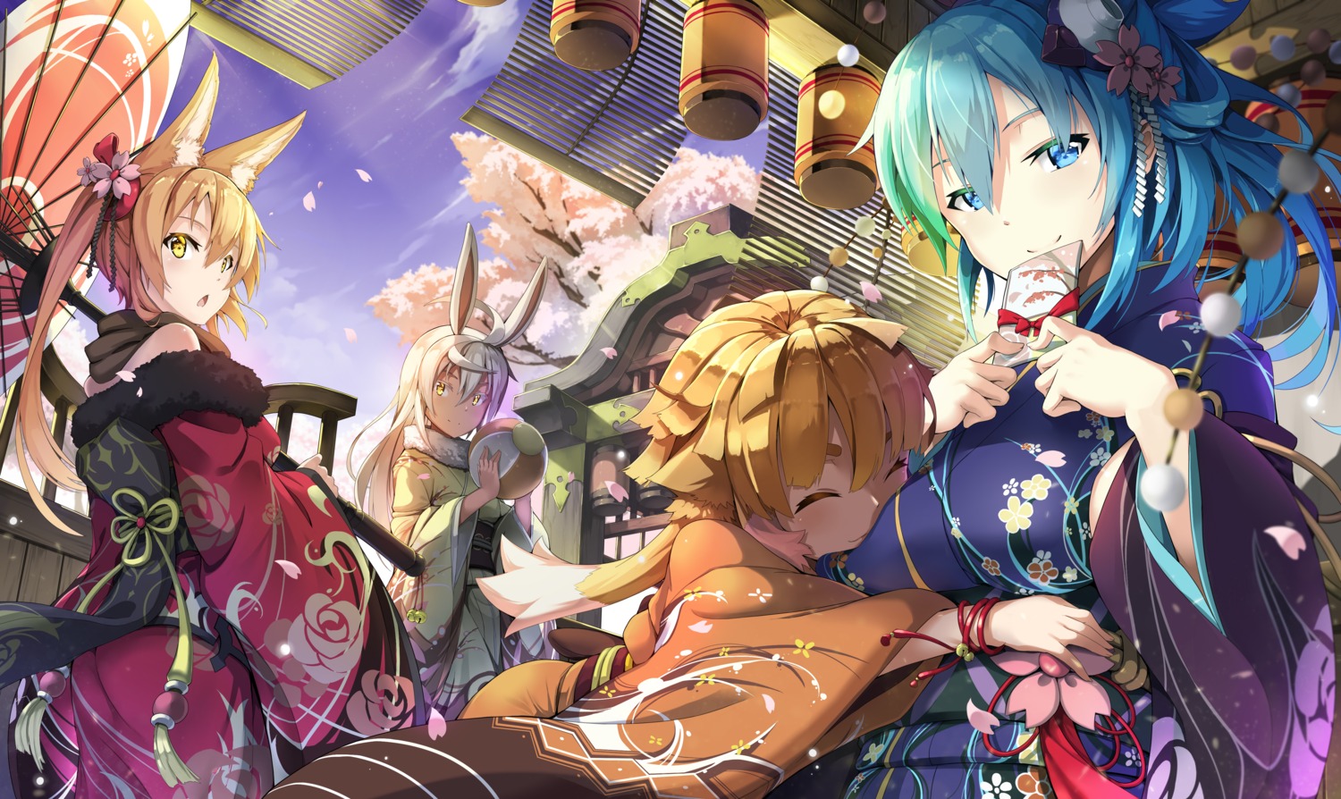 animal_ears bunny_ears jie_laite kimono umbrella