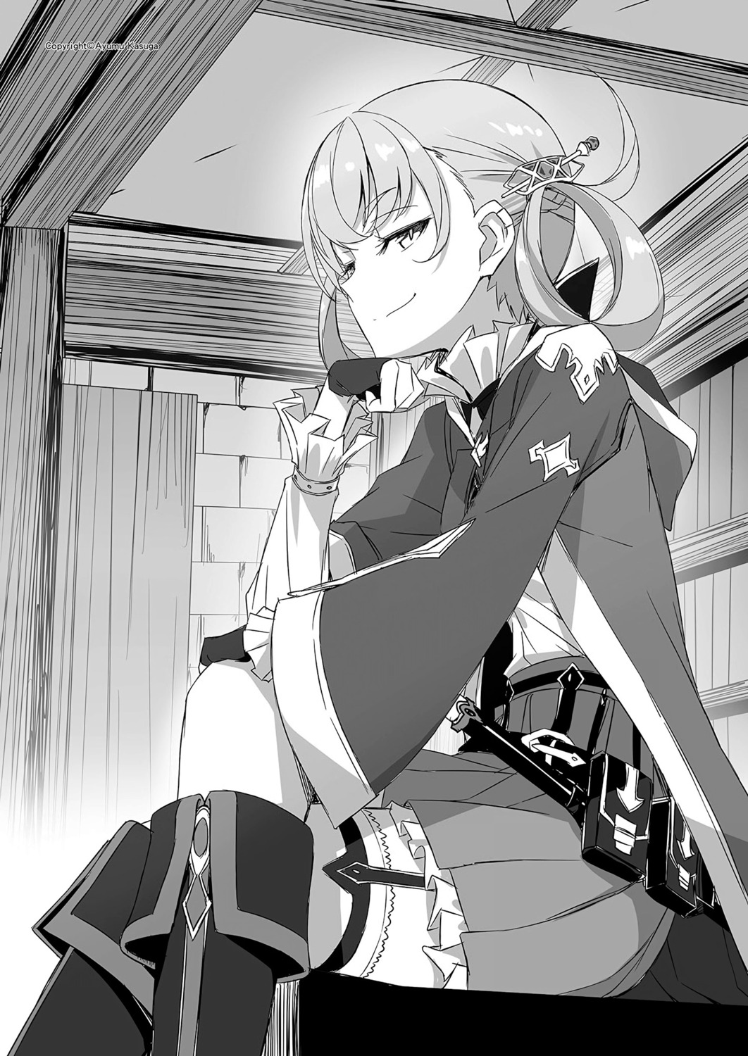 kasuga_ayumu_(artist) magialca_zen_vanfrick monochrome saijaku_muhai_no_bahamut seifuku stockings sword thighhighs