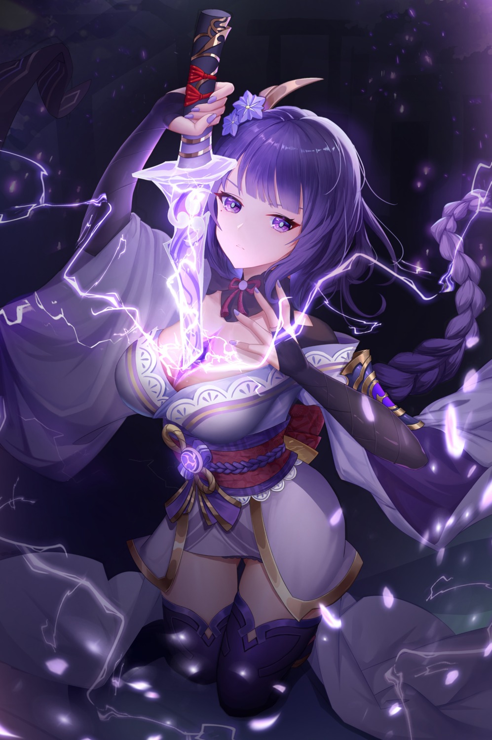 genshin_impact japanese_clothes raiden_shogun sword tagme thighhighs