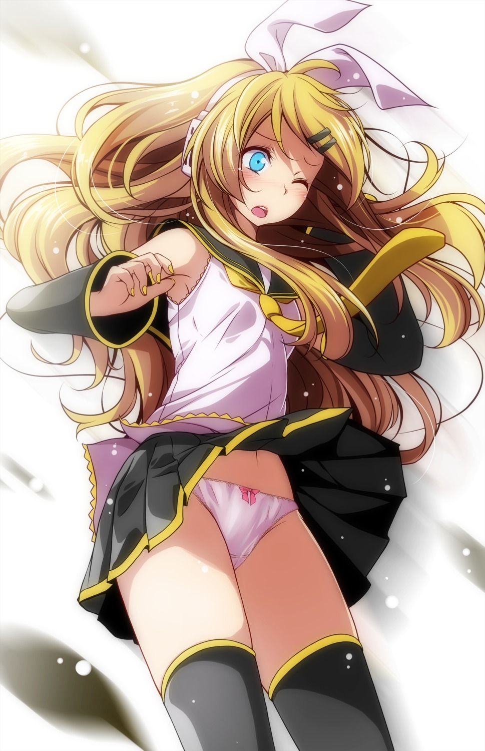 headphones kagamine_rin pantsu skirt_lift thighhighs tsukishiro_saika vocaloid