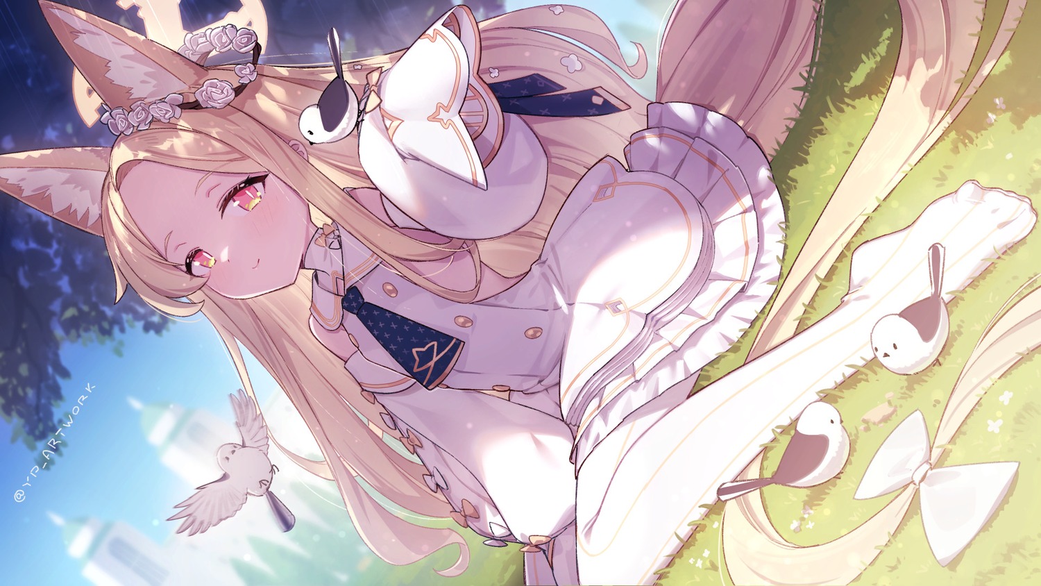 animal_ears blue_archive dress halo kitsune pantyhose tail wallpaper yellowpaint. yurizono_seia