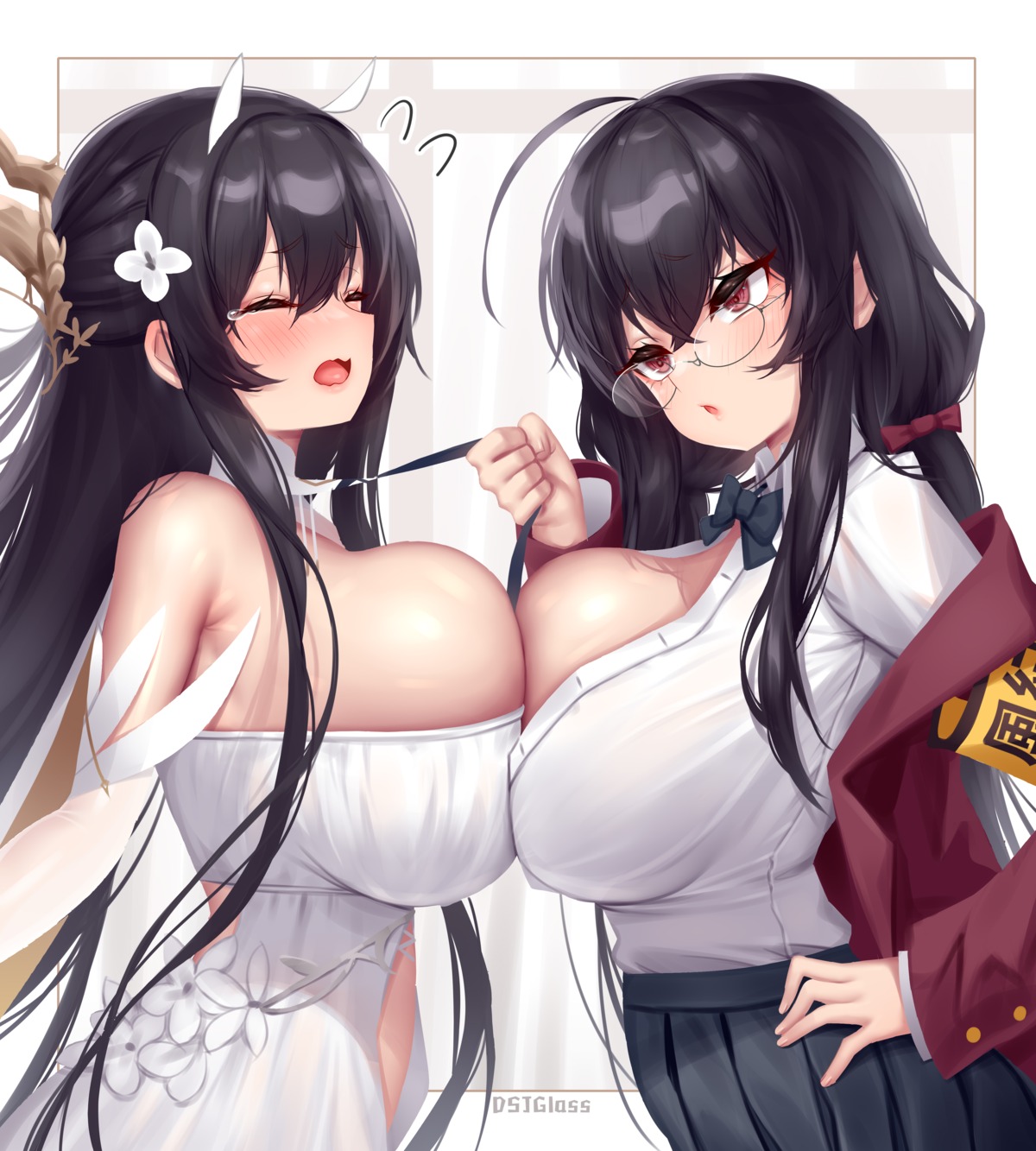 azur_lane dress horns indomitable_(azur_lane) megane no_bra open_shirt seifuku symmetrical_docking taihou_(azur_lane) vanta-black yuri