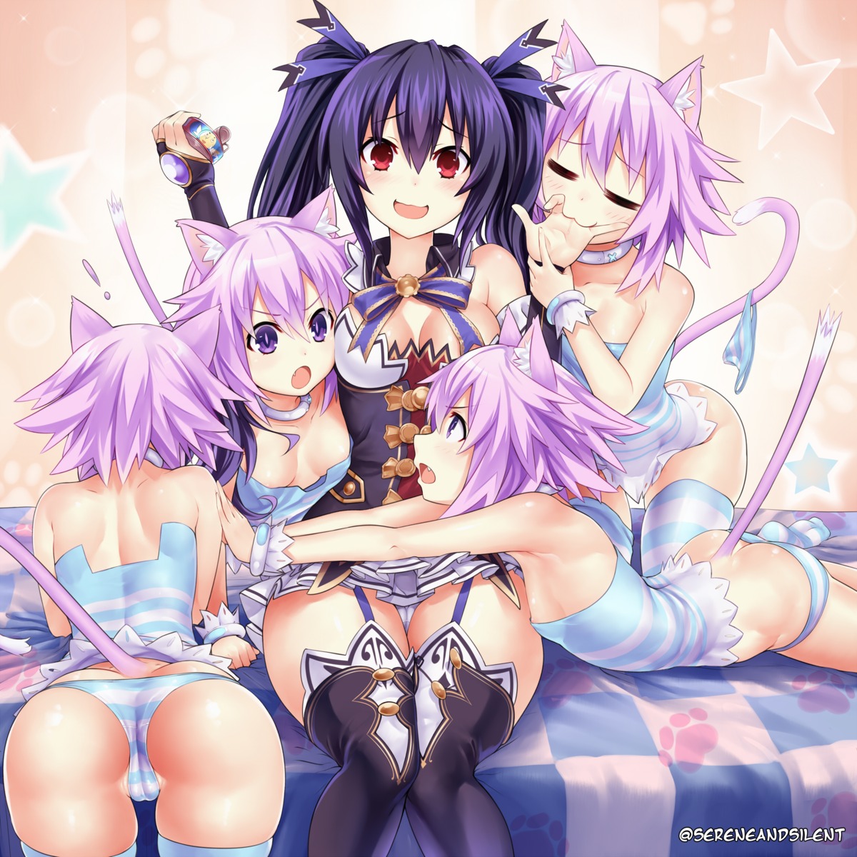 animal_ears ass cameltoe choujigen_game_neptune cleavage nekomimi neptune no_bra noire pantsu sereneandsilent shimapan stockings tail thighhighs yuri