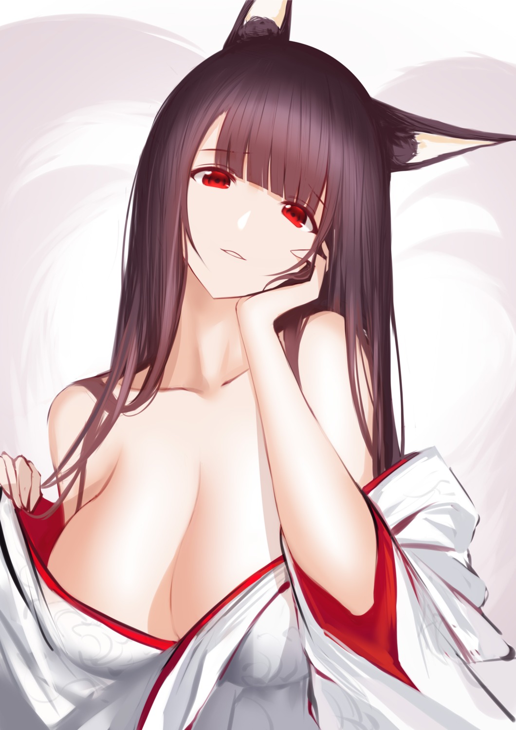 akagi_(azur_lane) an_yasuri animal_ears azur_lane cleavage japanese_clothes open_shirt undressing